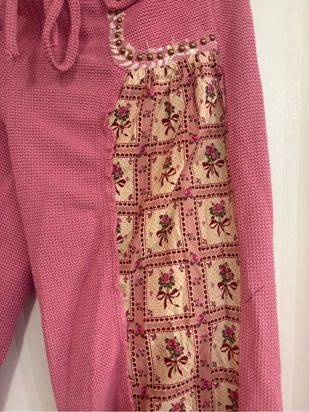POL Pink Knit Joggers with Floral Panel and Gold Stud Trim